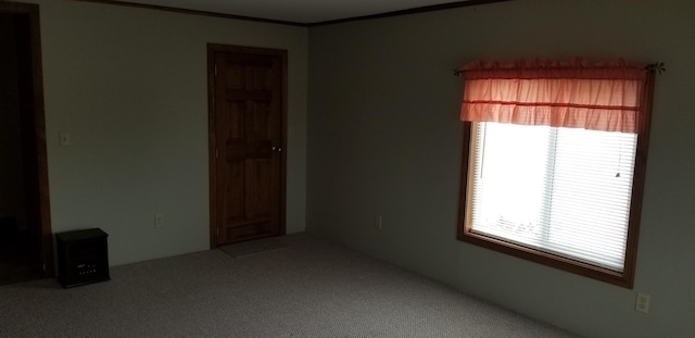 unfurnished room featuring ornamental molding and carpet