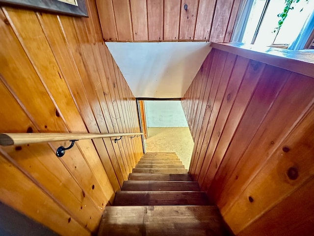 stairs featuring wooden walls