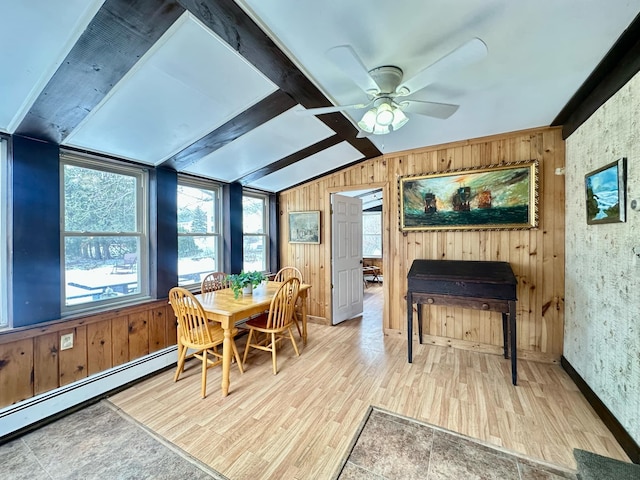 dining area featuring wood walls, lofted ceiling with beams, baseboard heating, and wood finished floors