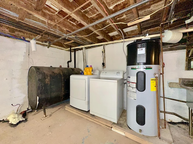 unfinished below grade area with washing machine and clothes dryer, hybrid water heater, and heating fuel