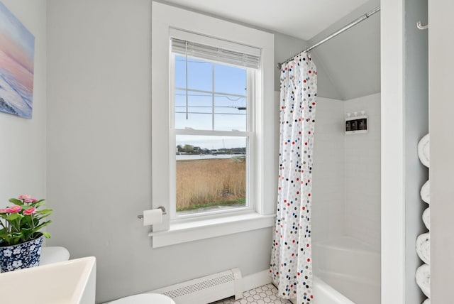49 Langsford Rd, Kennebunkport, ME 04046 - full bath featuring a baseboard heating unit, toilet, baseboards, lofted ceiling, and shower / bathtub combination with curtain