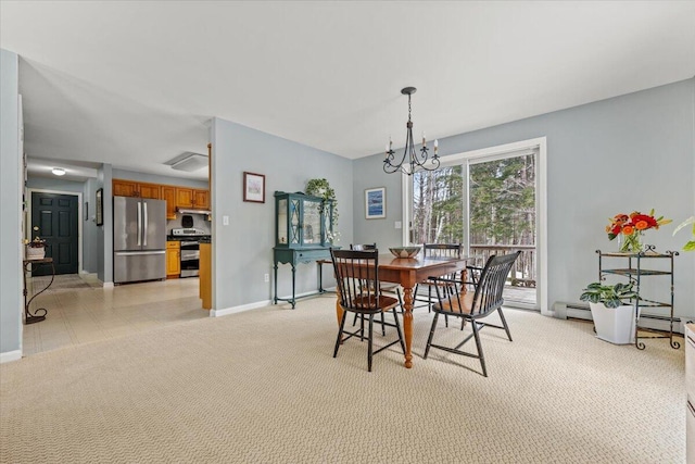 dining space featuring light colored carpet, baseboards, an inviting chandelier, and a baseboard radiator