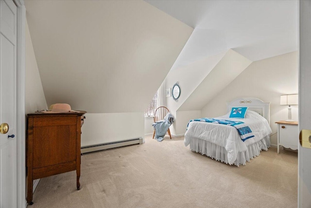 carpeted bedroom featuring baseboard heating and vaulted ceiling