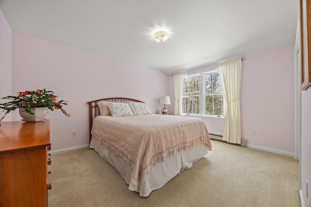 bedroom with baseboards, light colored carpet, and baseboard heating