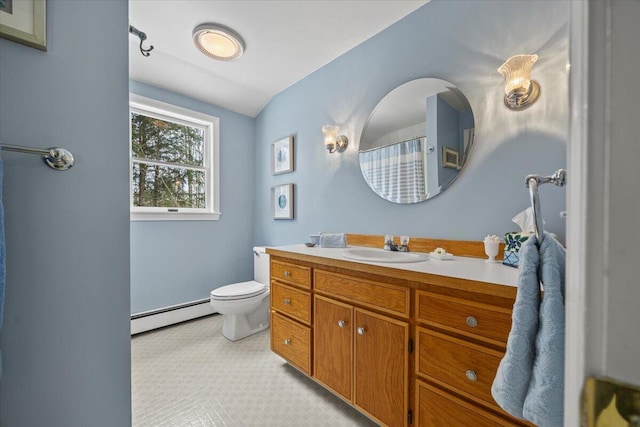 full bath featuring toilet, vanity, lofted ceiling, and a baseboard radiator