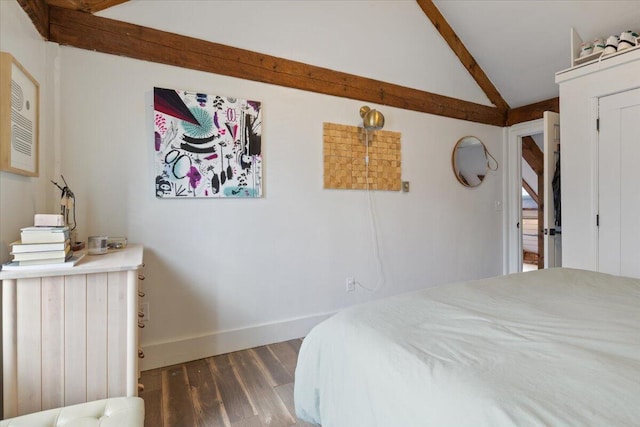 bedroom featuring vaulted ceiling with beams, wood finished floors, and baseboards