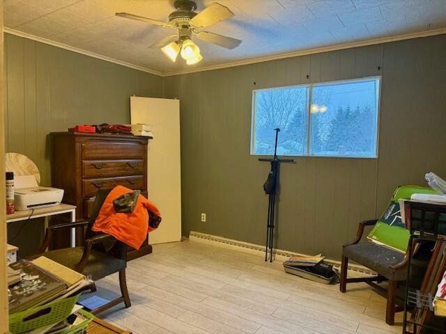 131 Clover St, Madawaska, ME 04756 - office area featuring ceiling fan, crown molding, and wood finished floors