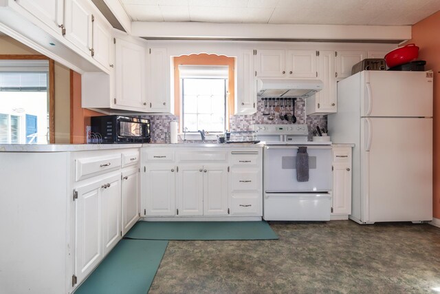 633 Main St, Madawaska, ME 04756 - kitchen featuring a sink, white appliances, under cabinet range hood, backsplash, and white cabinets