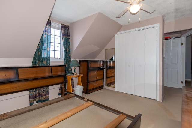633 Main St, Madawaska, ME 04756 - bedroom featuring a closet, ceiling fan, carpet floors, and vaulted ceiling