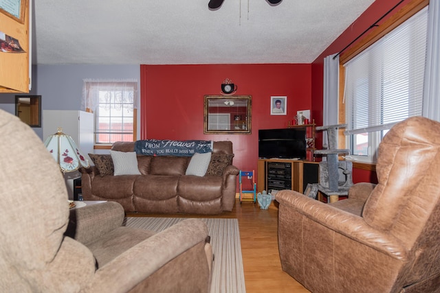 633 Main St, Madawaska, ME 04756 - living room with a textured ceiling, a ceiling fan, and wood finished floors
