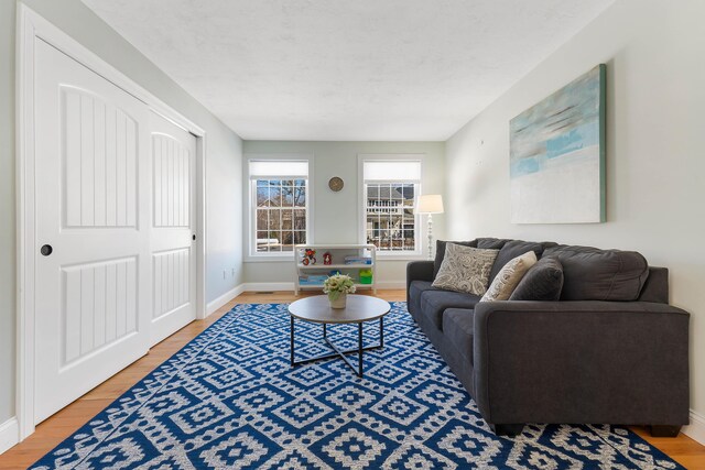 living area featuring light wood-style flooring and baseboards