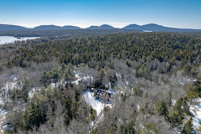 birds eye view of property featuring a wooded view and a mountain view