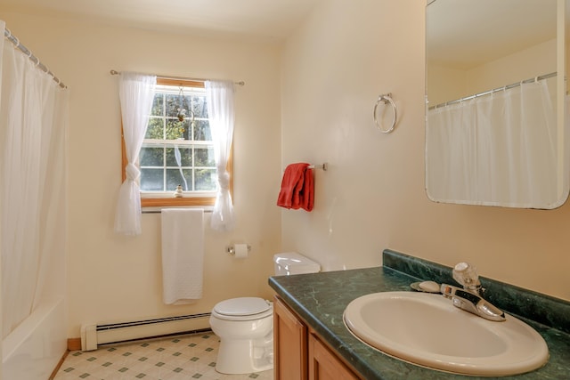 full bathroom with a baseboard heating unit, a shower with shower curtain, vanity, and toilet