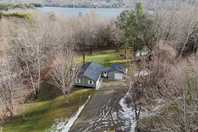 bird's eye view featuring a water view and a forest view