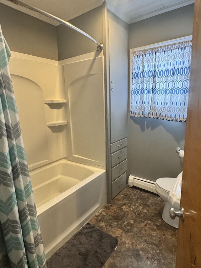 bathroom featuring toilet, a baseboard heating unit, shower / bath combination with curtain, and ornamental molding