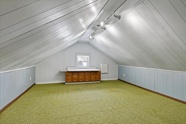 additional living space with light colored carpet, vaulted ceiling, and baseboards