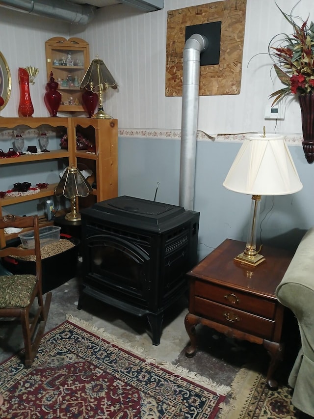 interior details with a wood stove