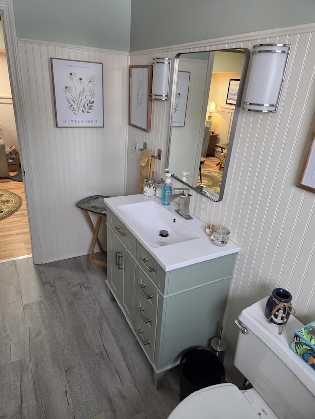 bathroom with vanity, toilet, and wood finished floors