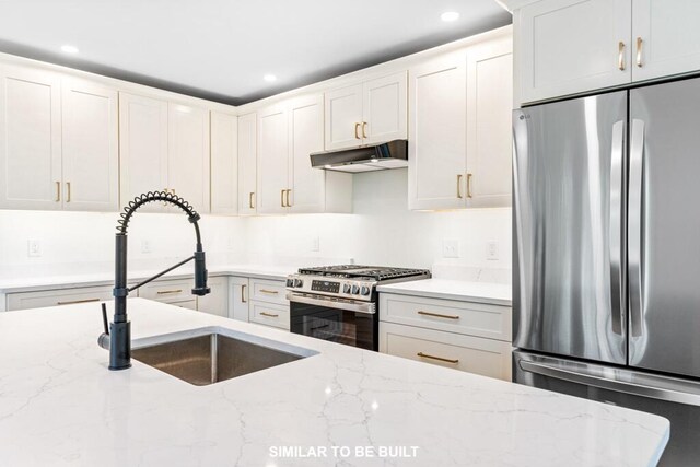 LOT11 Raspberry Ln, Topsham, ME 04086 - kitchen featuring white cabinetry, stainless steel appliances, under cabinet range hood, a sink, and light stone counters