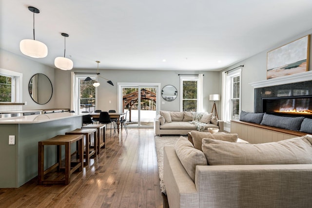 living room with a healthy amount of sunlight, a glass covered fireplace, and dark wood finished floors