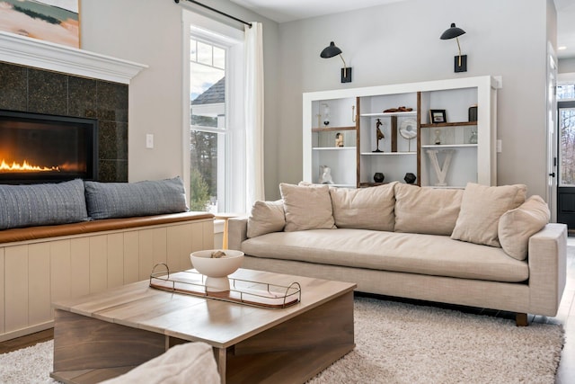 living room with a fireplace