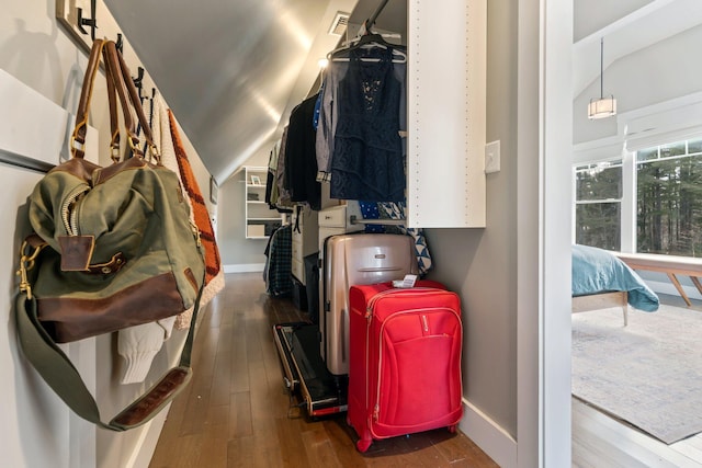 walk in closet featuring vaulted ceiling and hardwood / wood-style floors