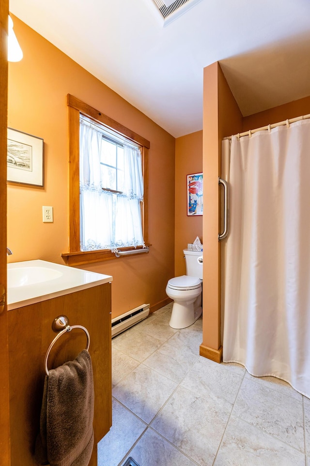 full bathroom featuring visible vents, toilet, curtained shower, vanity, and a baseboard heating unit