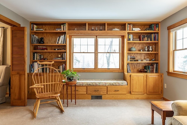 living area featuring light carpet and visible vents