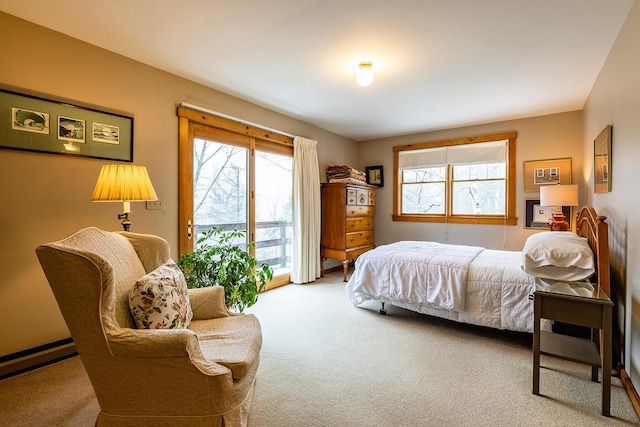 bedroom featuring access to exterior, multiple windows, and carpet flooring