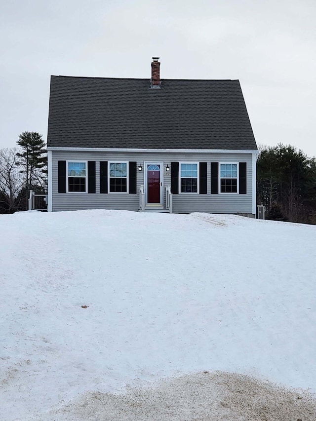 view of front facade featuring roof with shingles and a chimney