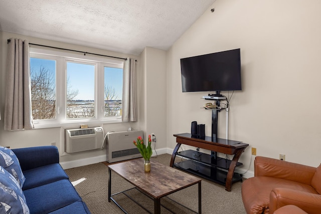 living room with lofted ceiling, a textured ceiling, baseboards, heating unit, and a wall mounted air conditioner