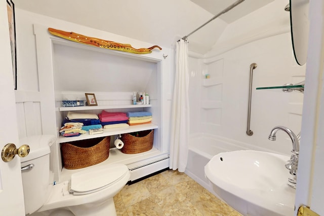 full bath with a baseboard heating unit, shower / bath combination with curtain, and toilet