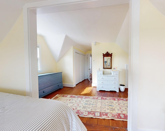 bedroom with lofted ceiling, a closet, and wood-type flooring