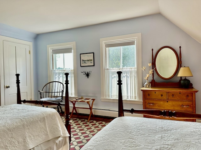 bedroom featuring multiple windows, vaulted ceiling, and wood finished floors