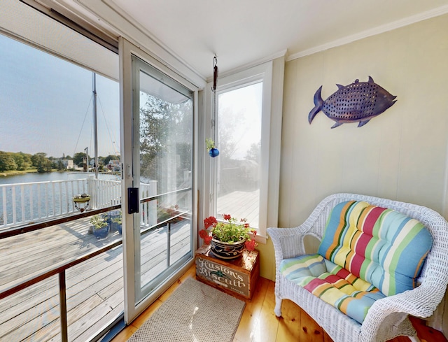 sunroom with a water view