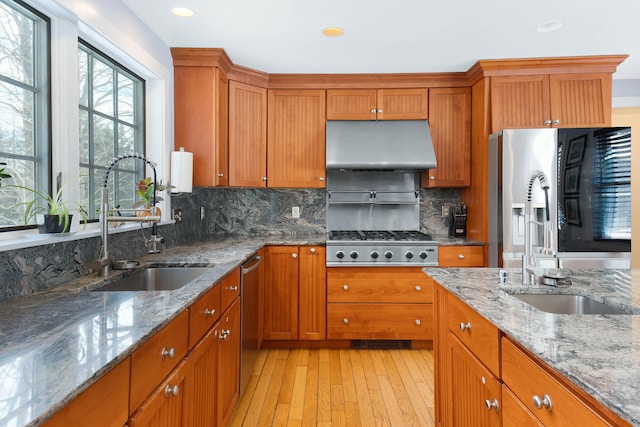 kitchen with brown cabinets, stainless steel appliances, under cabinet range hood, and a sink