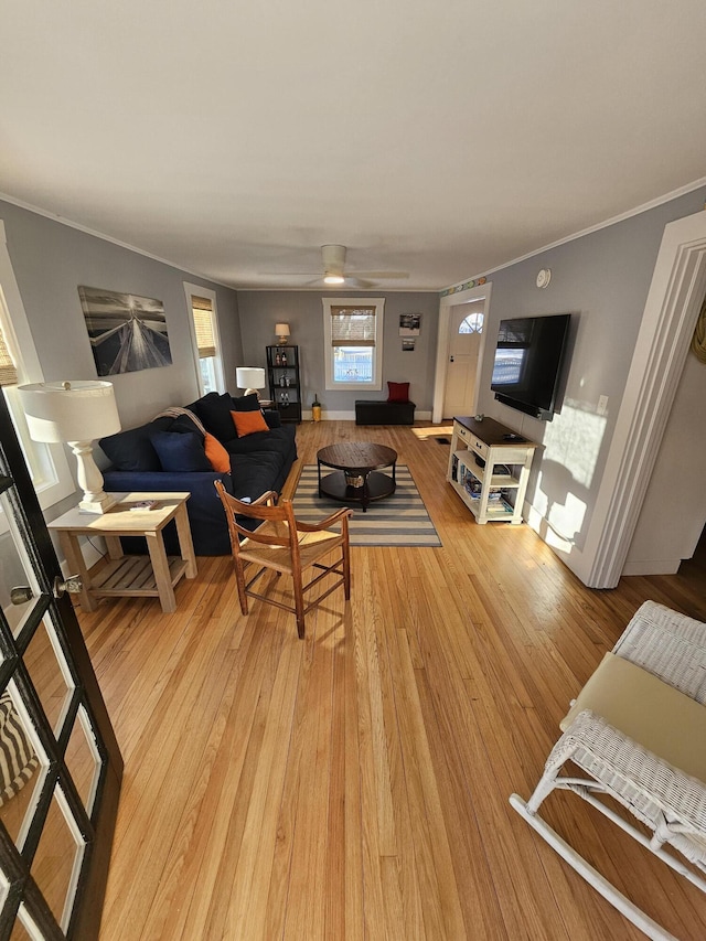 113 Wildes District Rd, Kennebunkport, ME 04046 - living room featuring crown molding, light wood-style floors, and ceiling fan