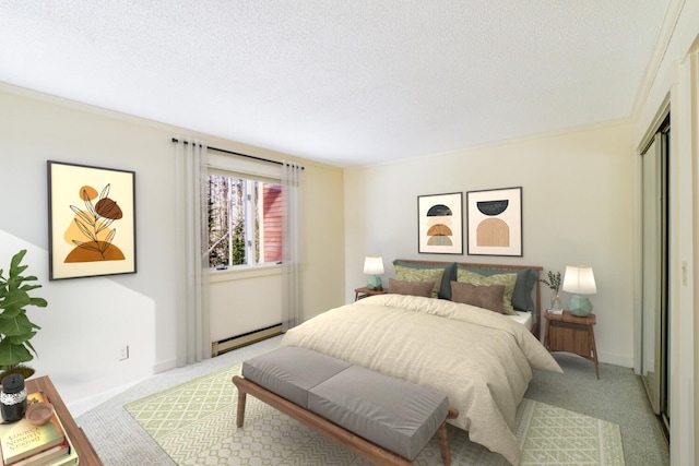 bedroom featuring baseboards, light colored carpet, a baseboard radiator, ornamental molding, and a textured ceiling