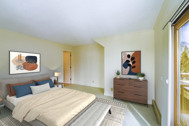 bedroom featuring a baseboard heating unit, access to outside, baseboards, and light colored carpet