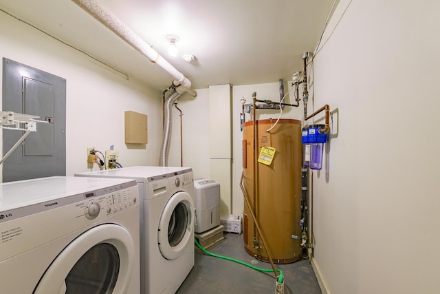 clothes washing area with laundry area, separate washer and dryer, baseboards, water heater, and electric panel