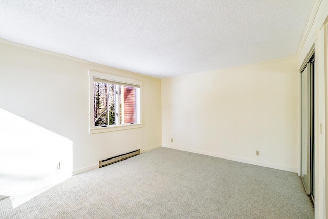 unfurnished bedroom with a textured ceiling, a baseboard radiator, light colored carpet, baseboards, and a closet