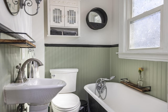 bathroom with a wainscoted wall, a freestanding bath, toilet, and a sink