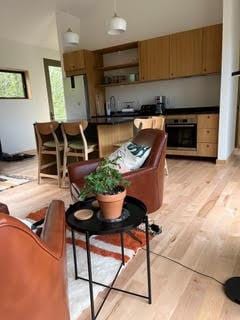 kitchen with stainless steel oven, open shelves, dark countertops, and light wood finished floors