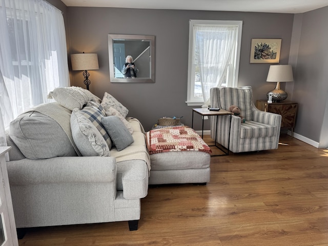 living room featuring wood finished floors and baseboards