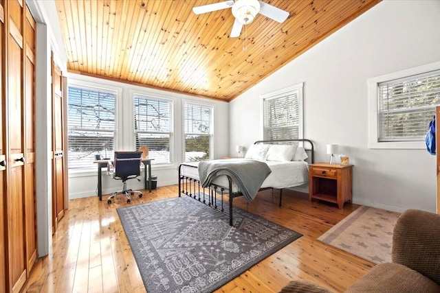 bedroom with baseboards, light wood-style flooring, wood ceiling, and lofted ceiling