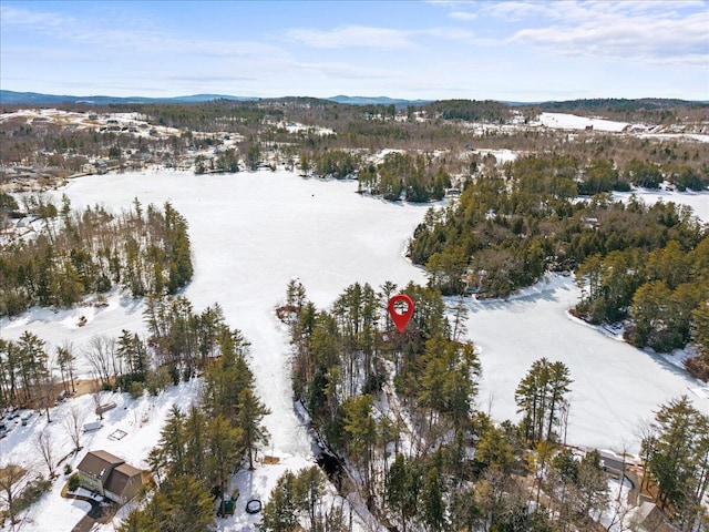 snowy aerial view with a mountain view