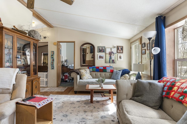 living area with lofted ceiling with beams, a textured ceiling, and wood finished floors