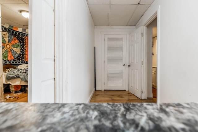 interior space featuring a drop ceiling and wood finished floors