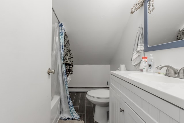 bathroom with shower / tub combo with curtain, toilet, a baseboard heating unit, vaulted ceiling, and vanity