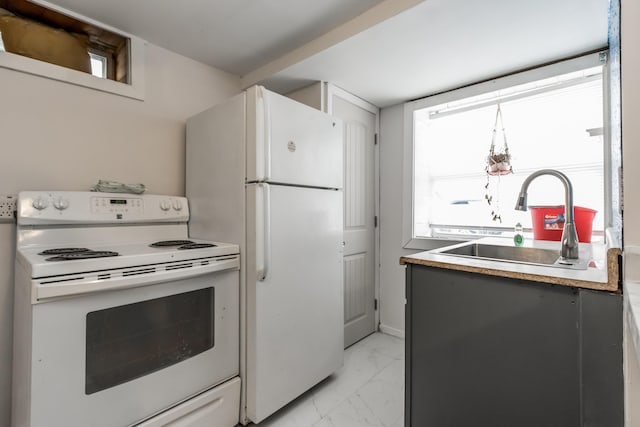 kitchen featuring white appliances, marble finish floor, a wealth of natural light, and a sink